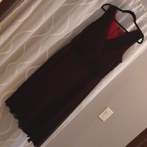 Sheer black over red sleeveless knee length cocktail dress
